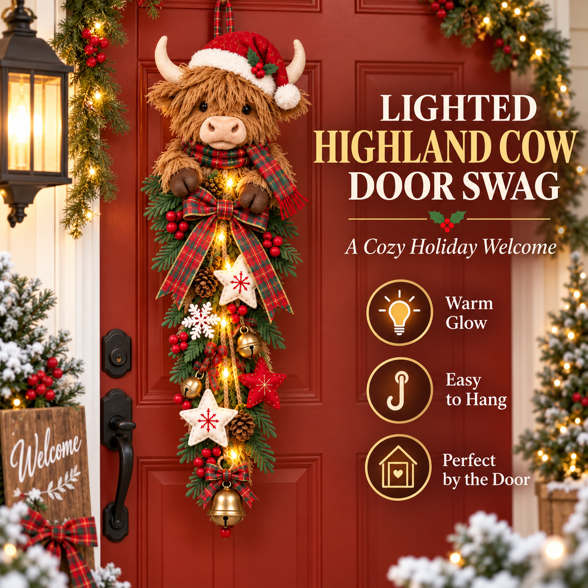 Lighted Highland Cow Christmas Door Swag - product image 1
