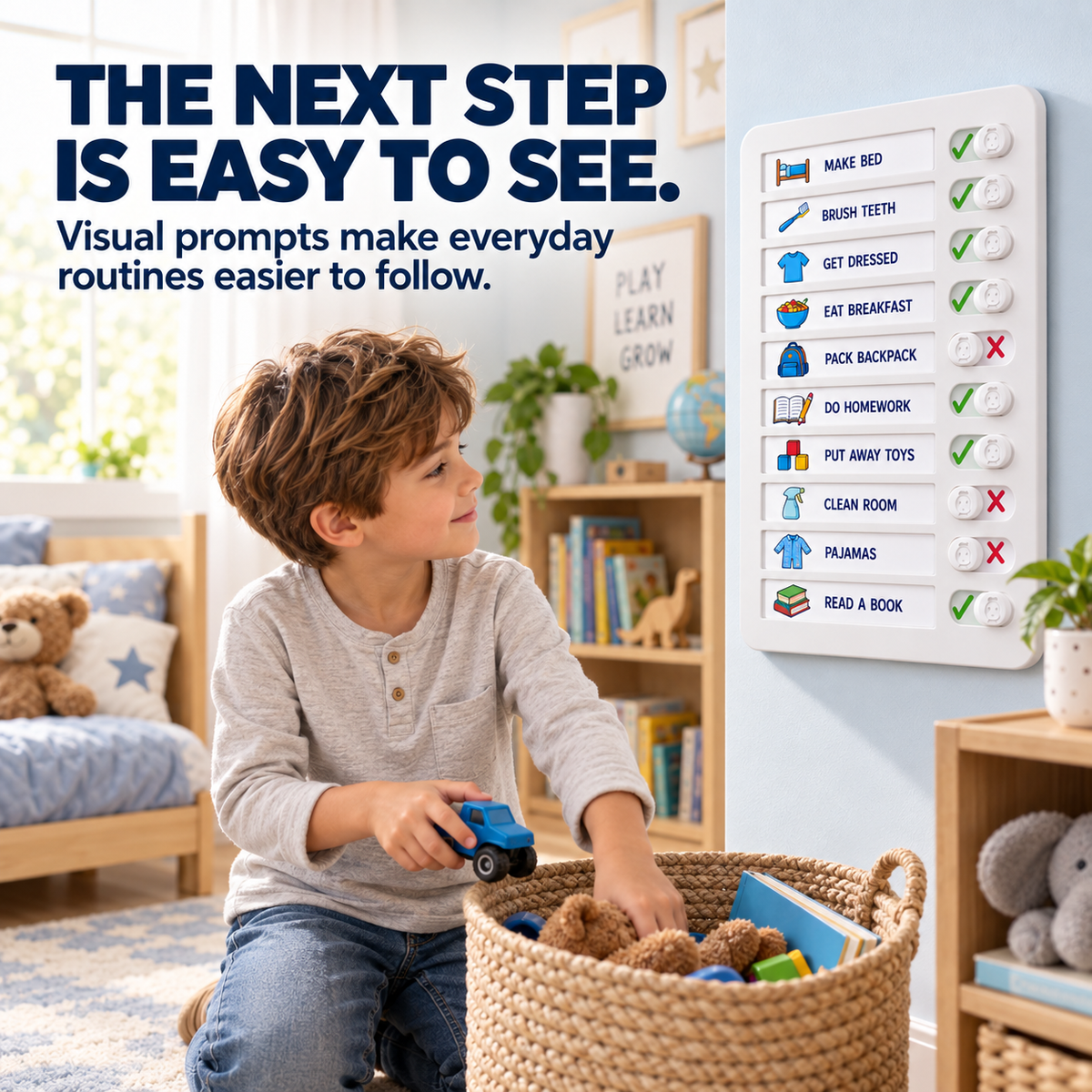 Child cleaning toys while following a visual routine board