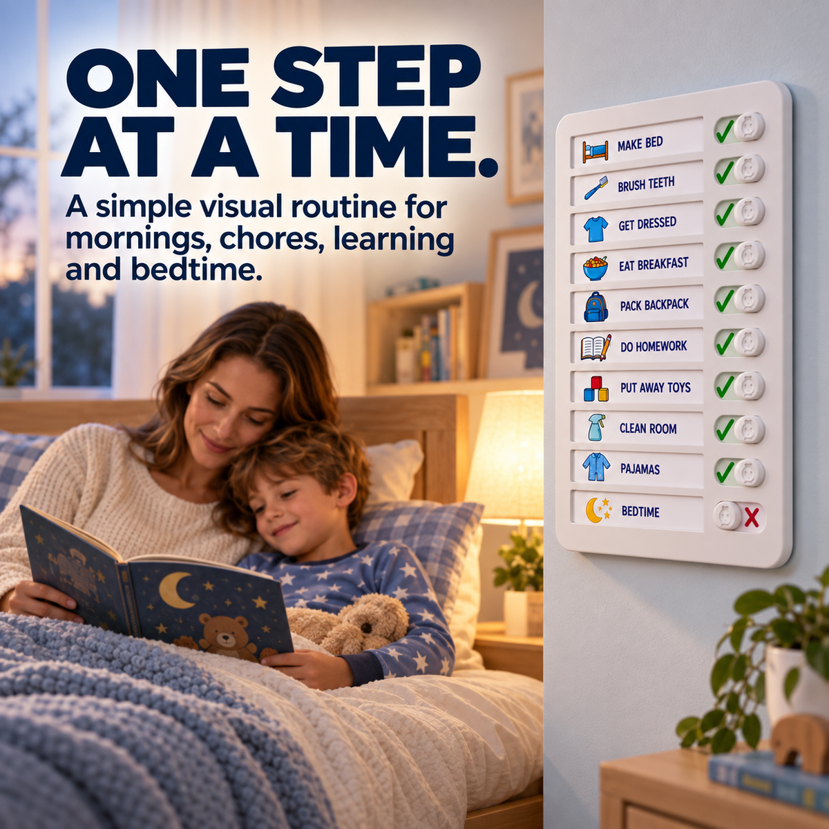 Parent and child using a visual bedtime routine board in bedroom