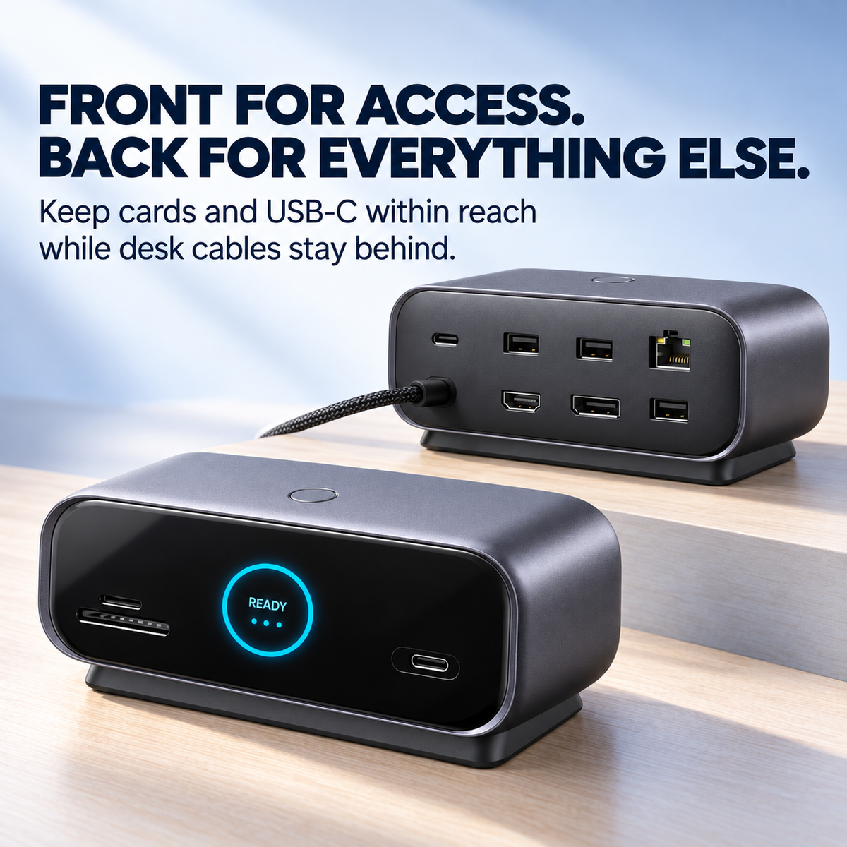 Front and rear ports of smart display USB-C docking station