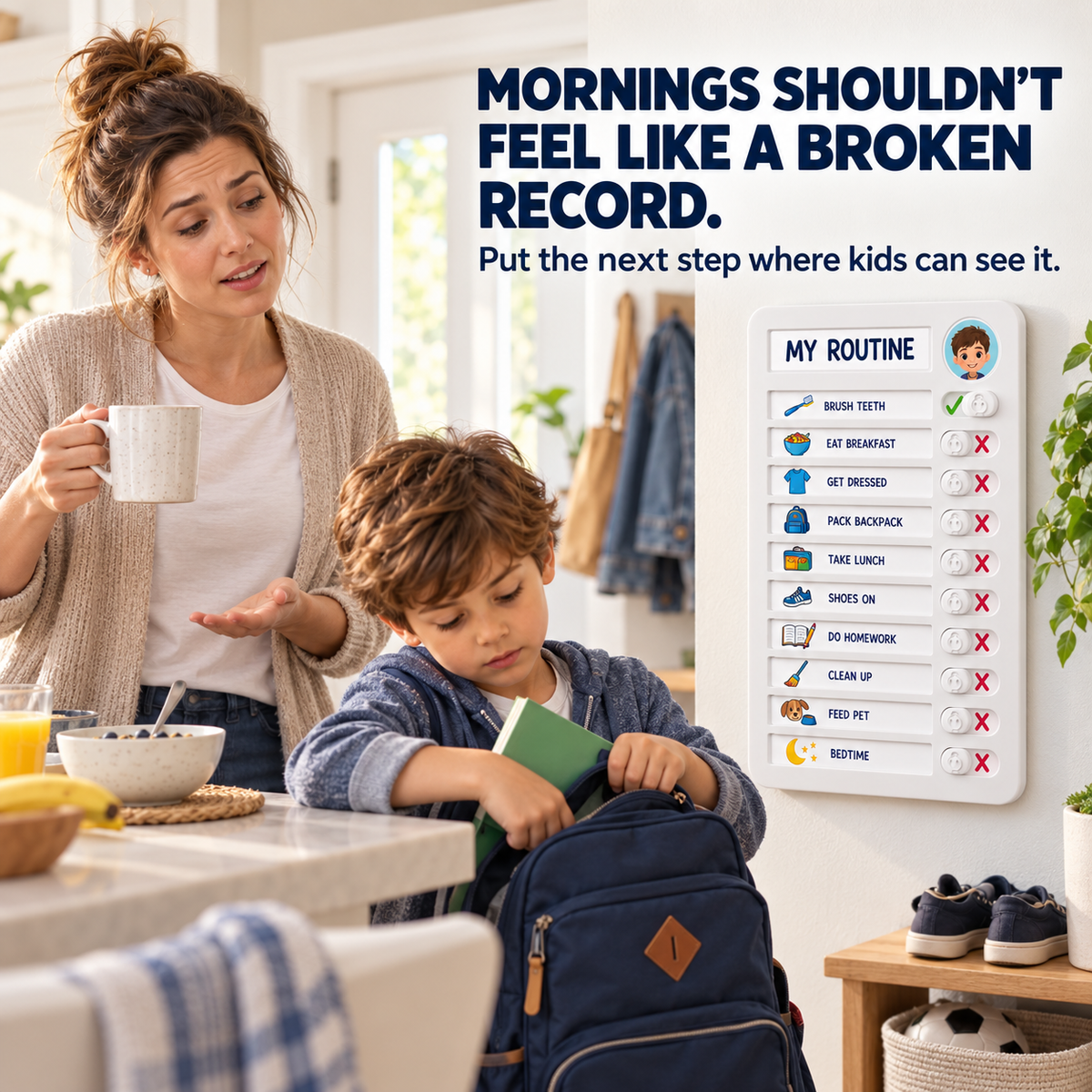 Parent reminding child about morning routine while visual chore board is displayed nearby