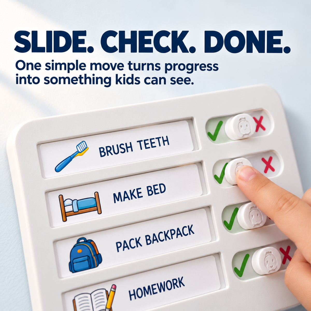 Close-up of child moving task slider from red X to green check