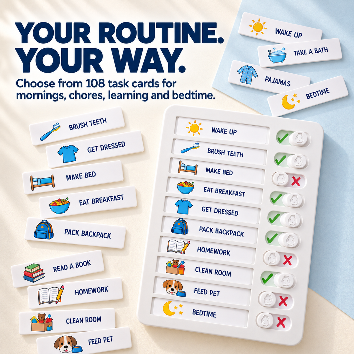 Visual chore board with interchangeable task cards for morning chores learning and bedtime