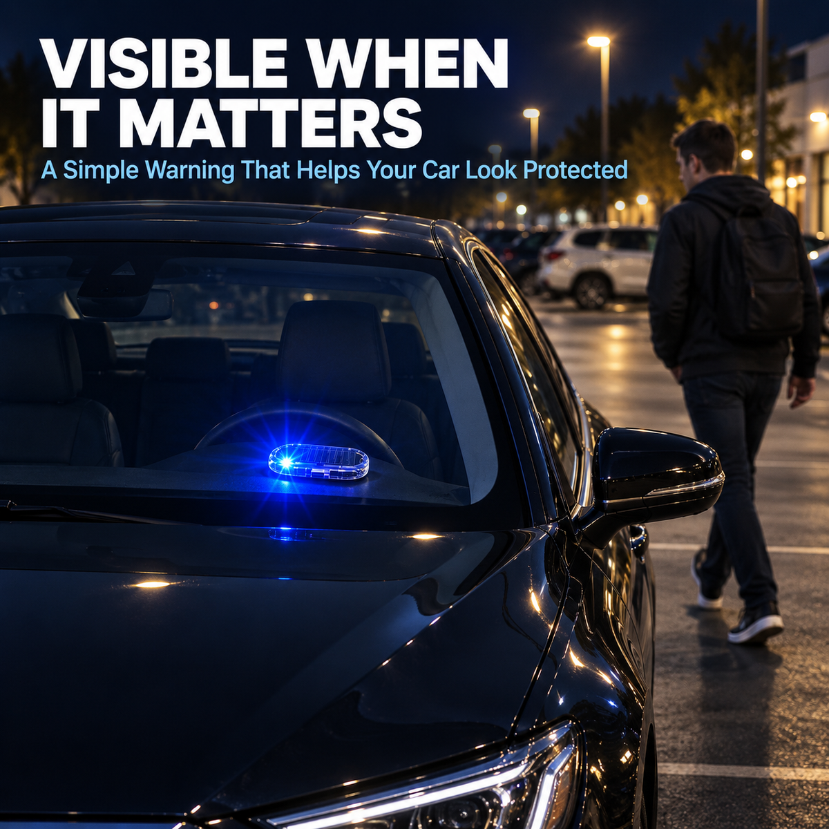 Blue solar vehicle warning light flashing through windshield in a parking lot at night
