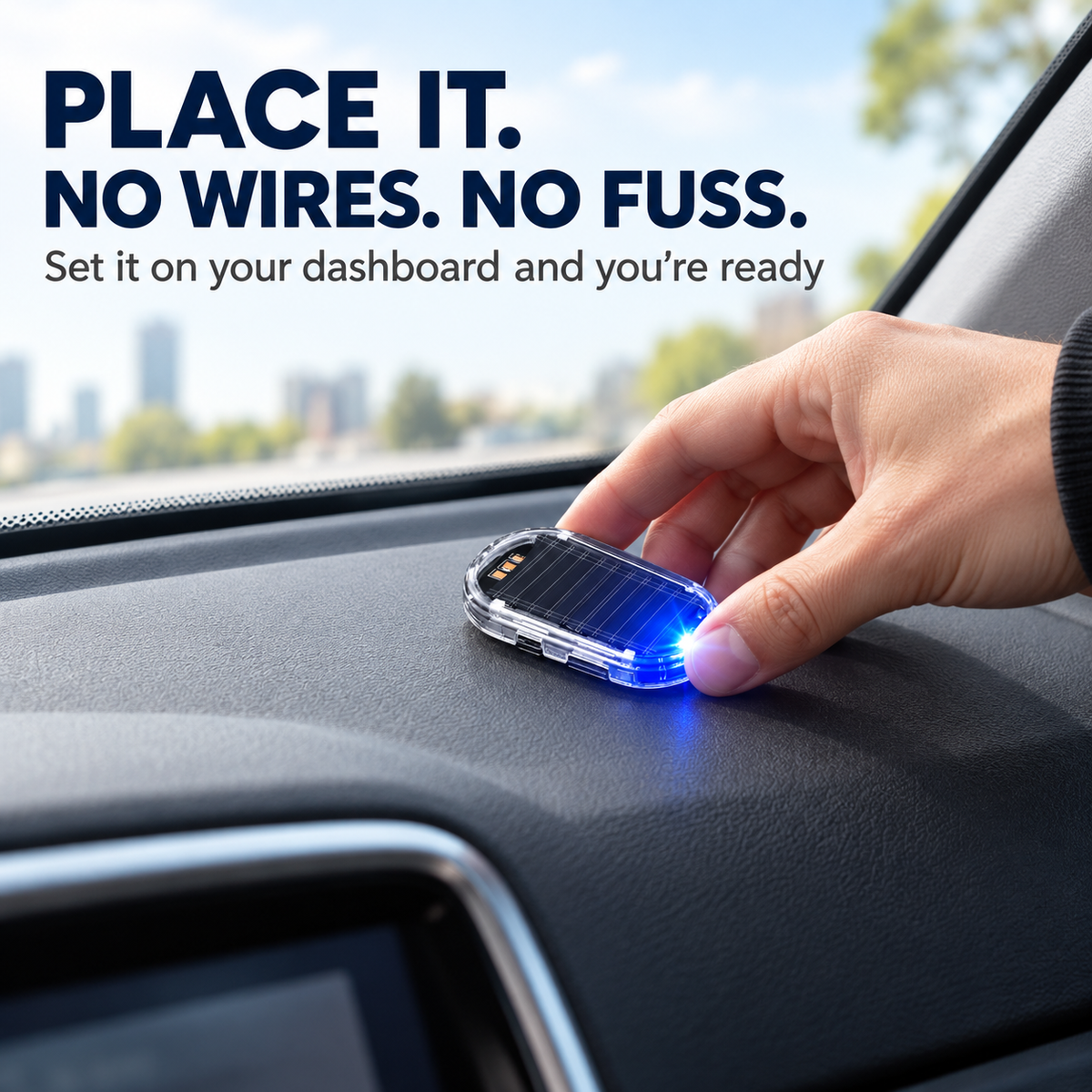 Wire-free solar warning light placed on dashboard