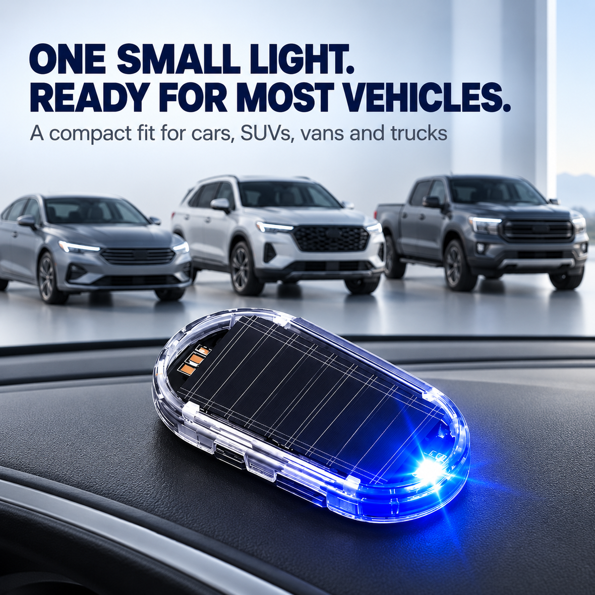 Compact solar warning light for cars SUVs vans and trucks