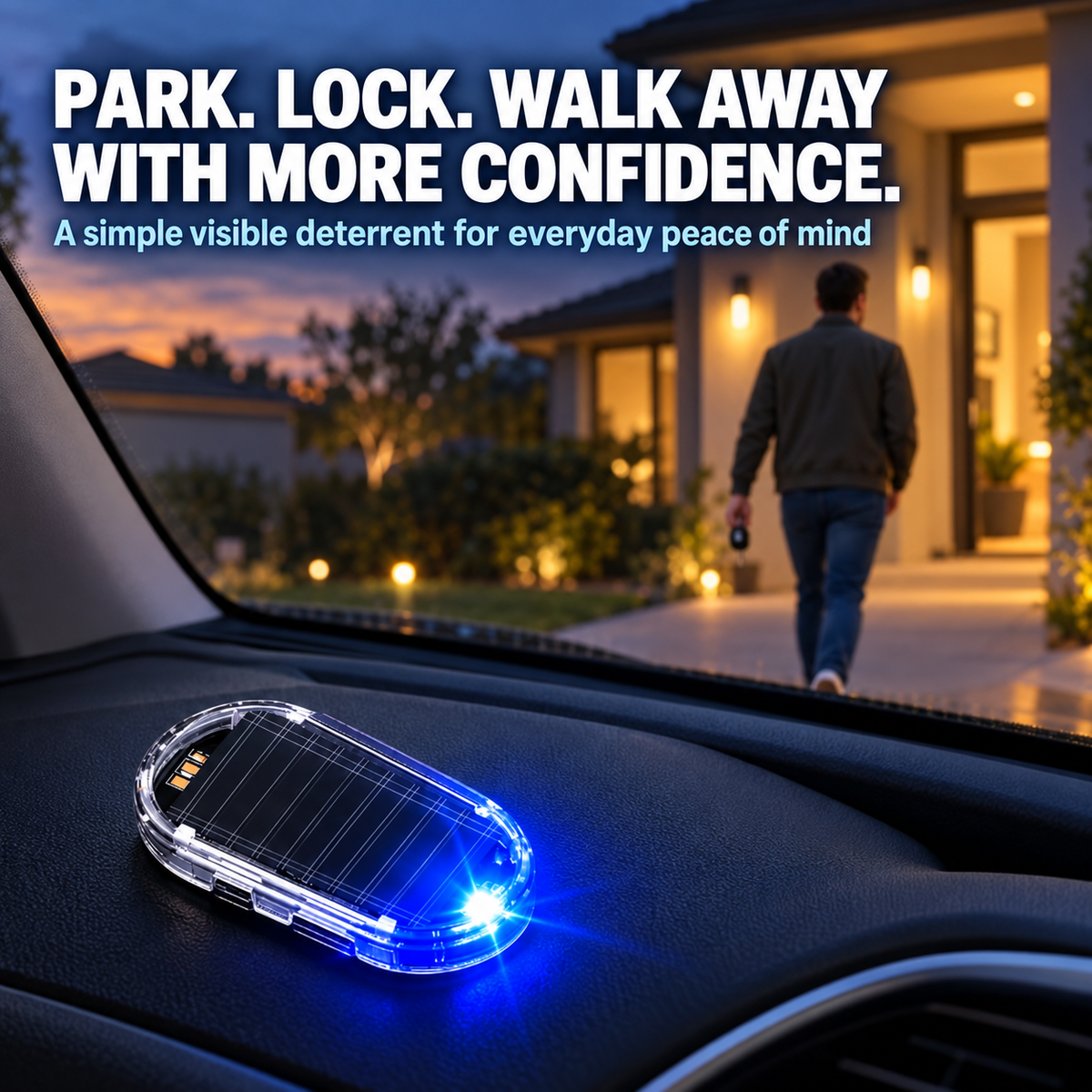 Blue solar dashboard security warning light in parked car at home