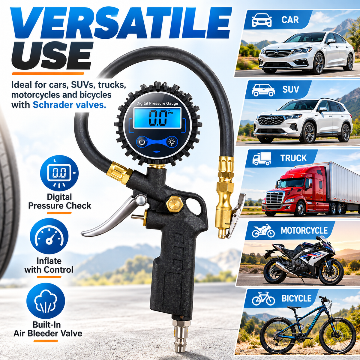 ⚡ Digital Tire Inflator Gauge — One Tool for Faster Tire Pressure Maintenance