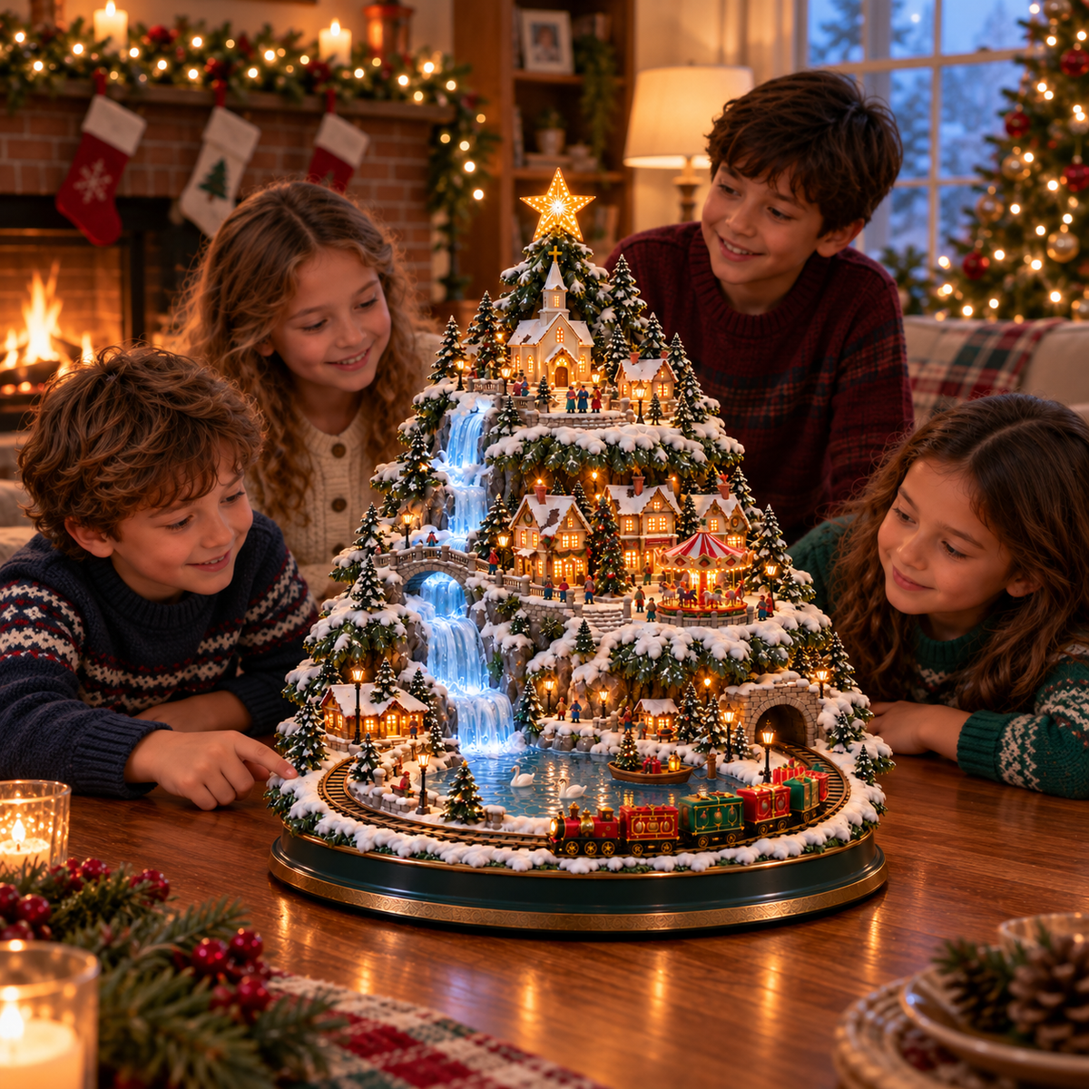 Children discover a snowy Christmas village 1