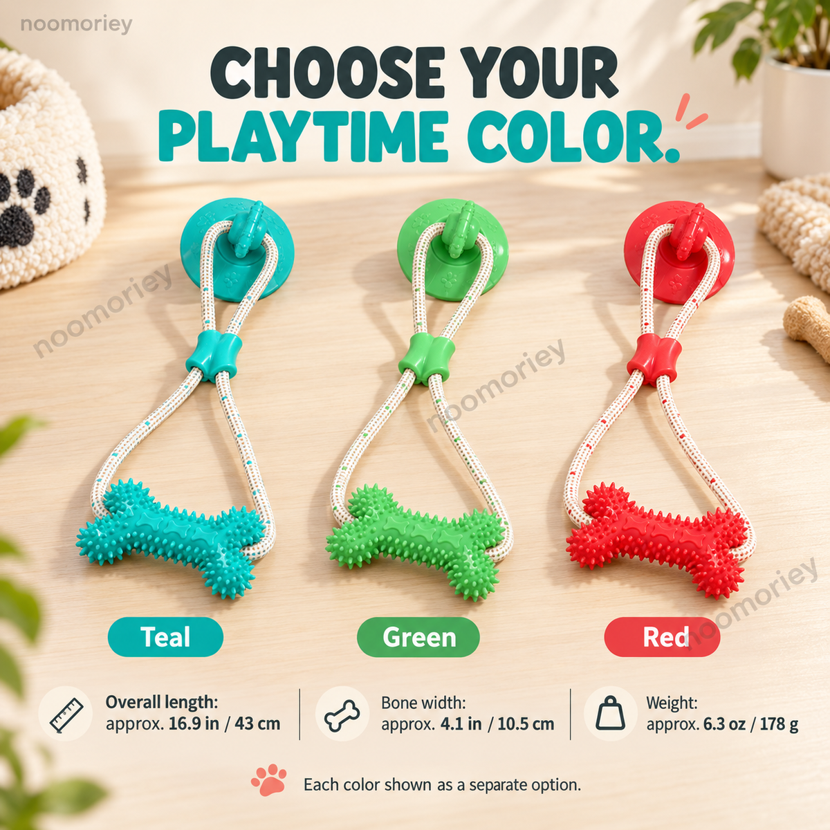 Teal, red and green color choices for the suction cup dog tug toy