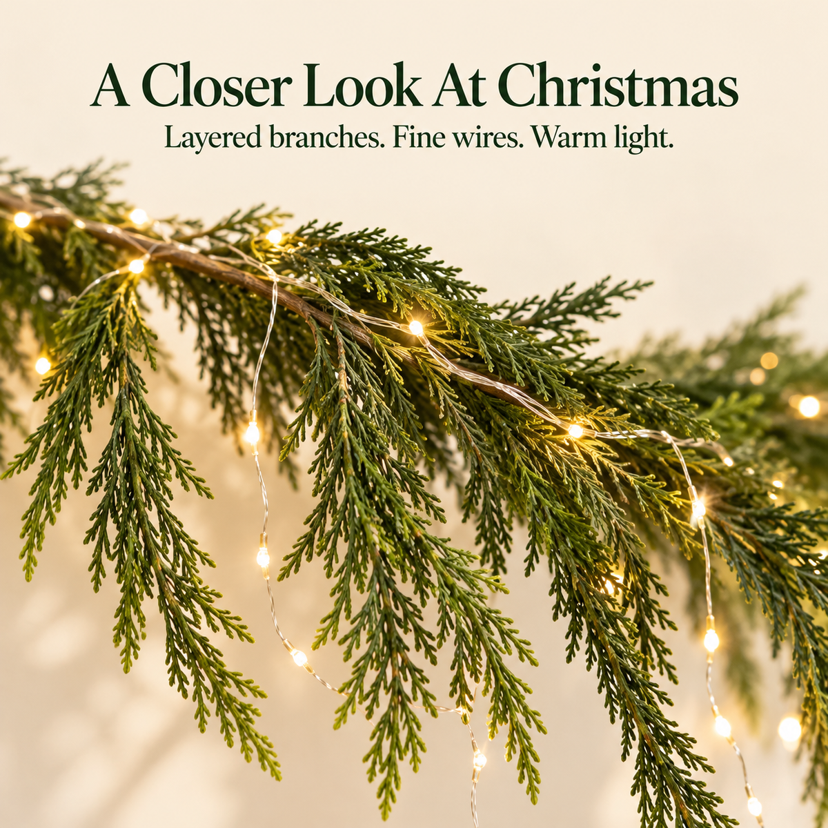 Close-up of Christmas garland branches and warm icicle lights