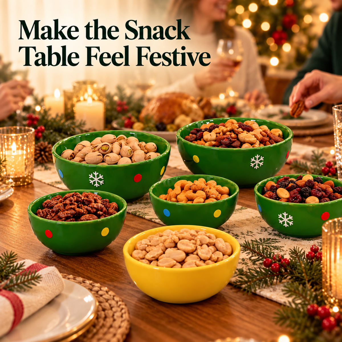 Christmas snowflake snack bowls displayed on a cozy holiday table