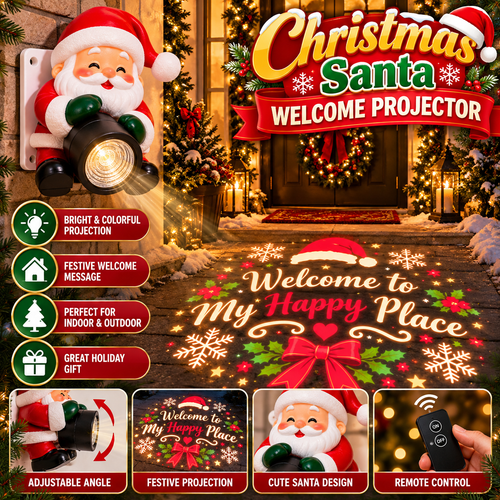 Santa Christmas welcome projector displaying a colorful holiday greeting