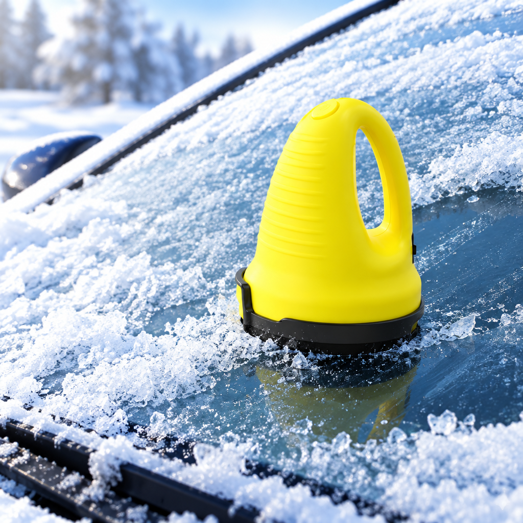 Yellow cordless electric scraper resting on partially cleared icy windshield in a snowy winter setting