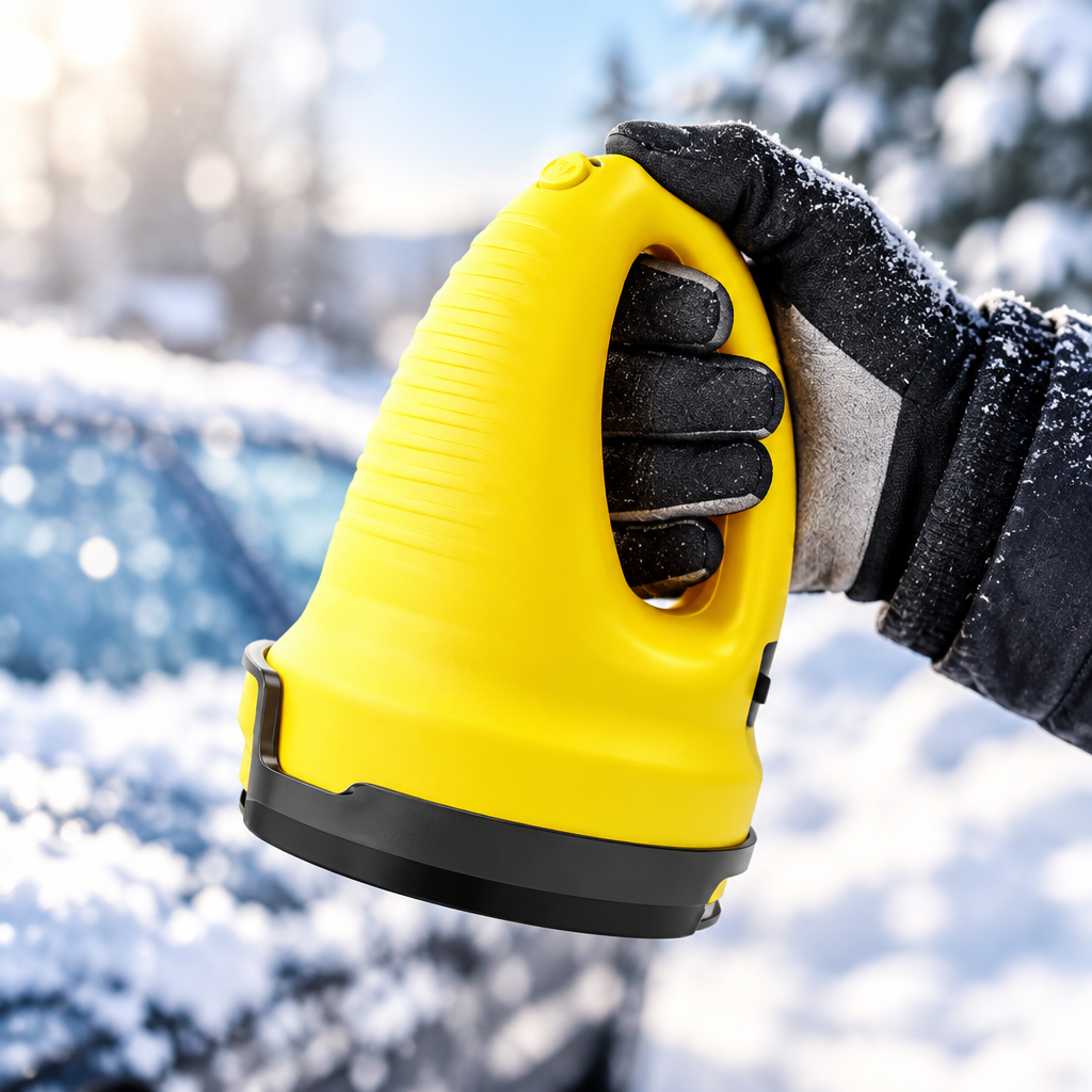 Winter-gloved hand holding yellow cordless electric ice scraper through its oval integrated handle