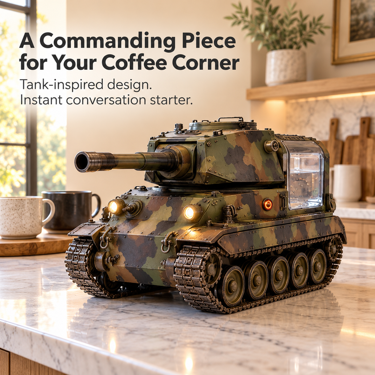 🪖☕ Tank-Inspired Coffee Corner Decor – Camouflage Collectible Desk Display, Military-Style Statement Piece & Unique Gift 🎁