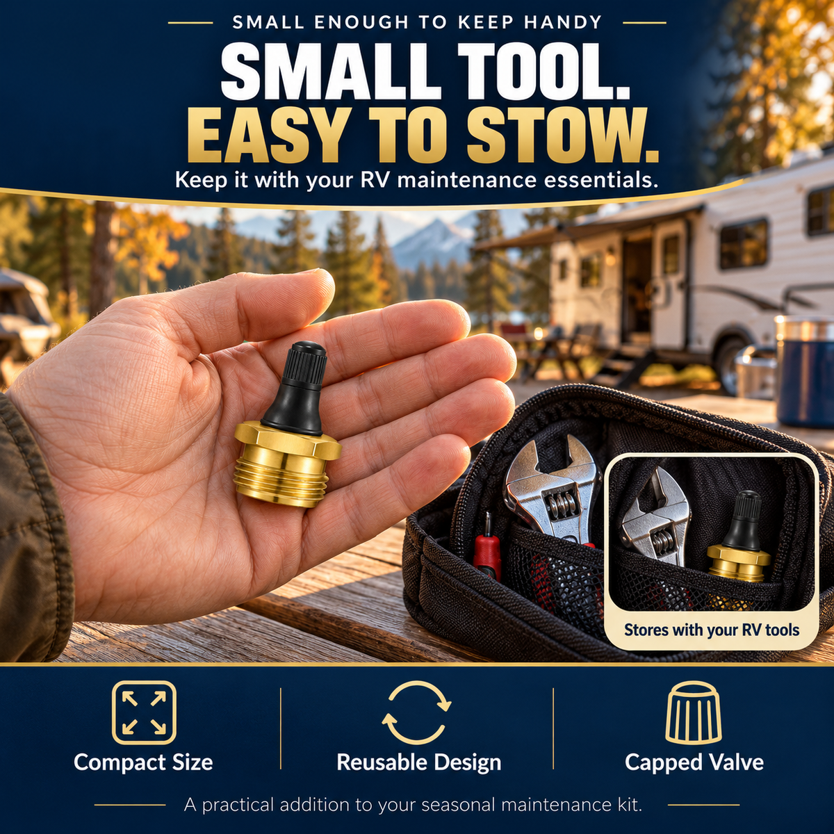 Compact brass RV blow-out plug adapter with capped air valve