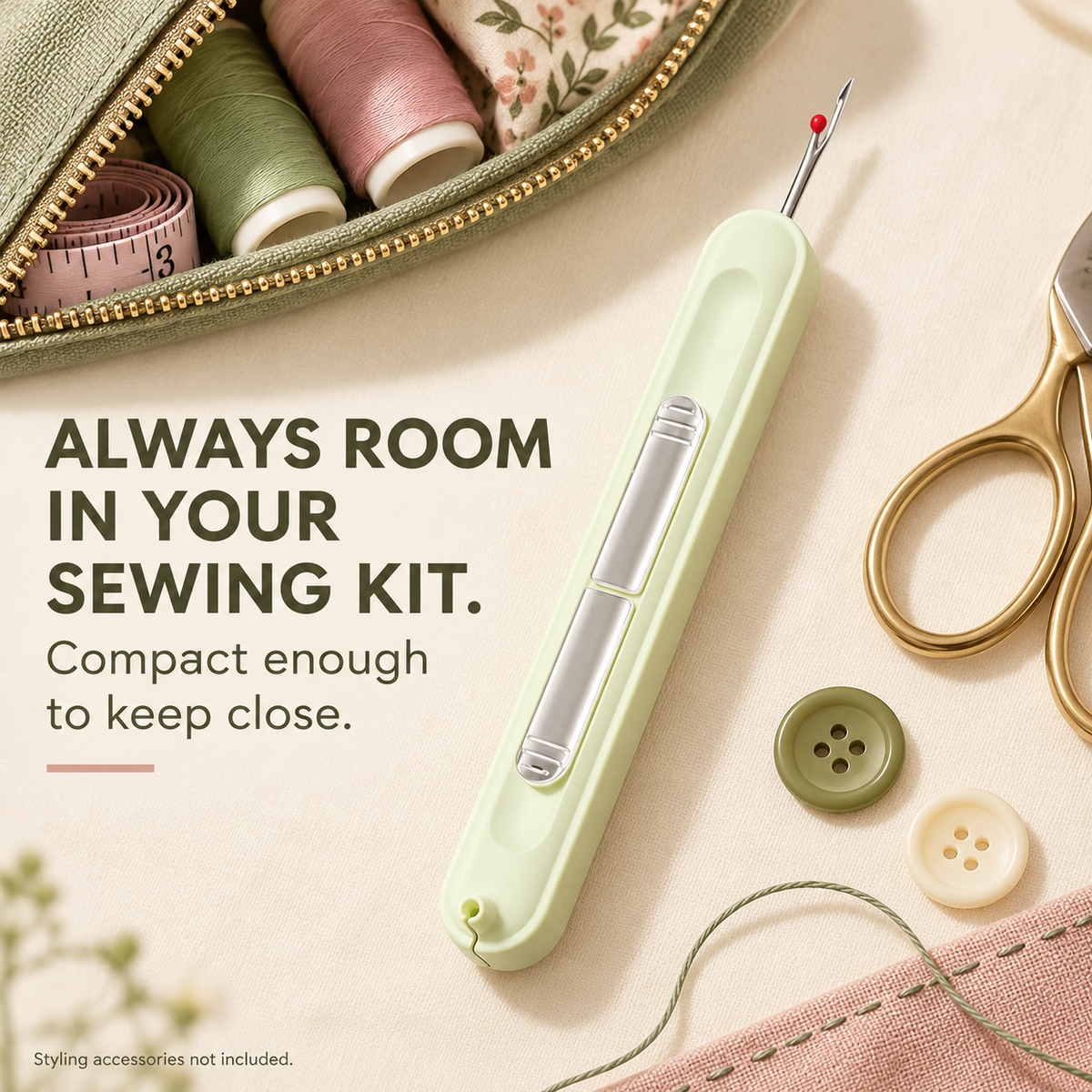 Compact pistachio sewing tool beside thread buttons and sewing pouch