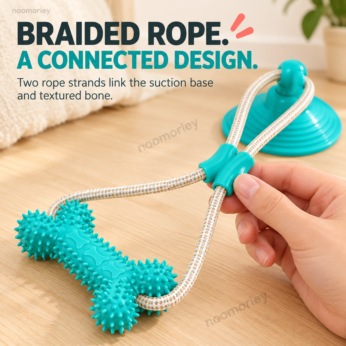 Close-up of the braided rope connection between base and chew bone