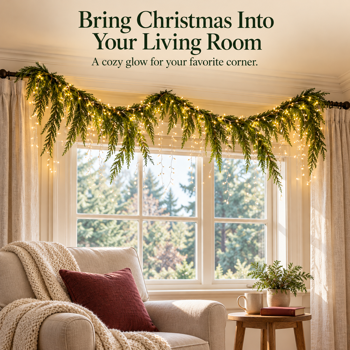 Cozy Christmas window surround decorated with garland and warm lights