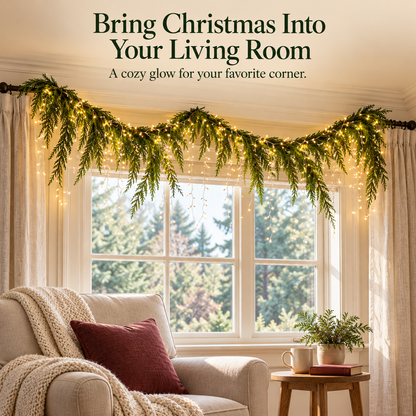 Cozy Christmas window surround decorated with garland and warm lights