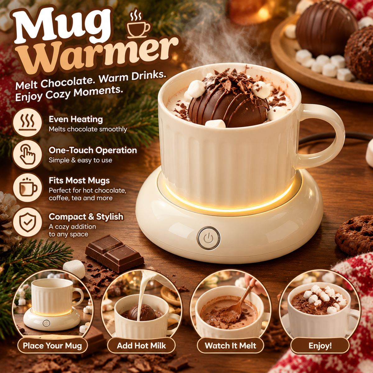 🔥CozyGlow Mug Warmer – Chocolate Melting & Hot Drink Warming