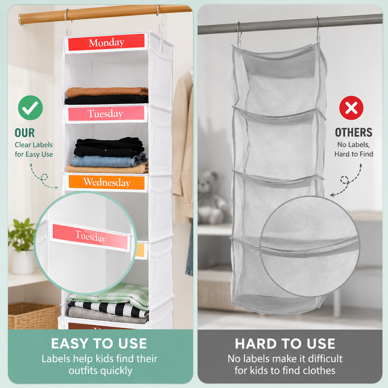 6 Shelf Weekly Clothes Organizer for Kids with Side Pocket