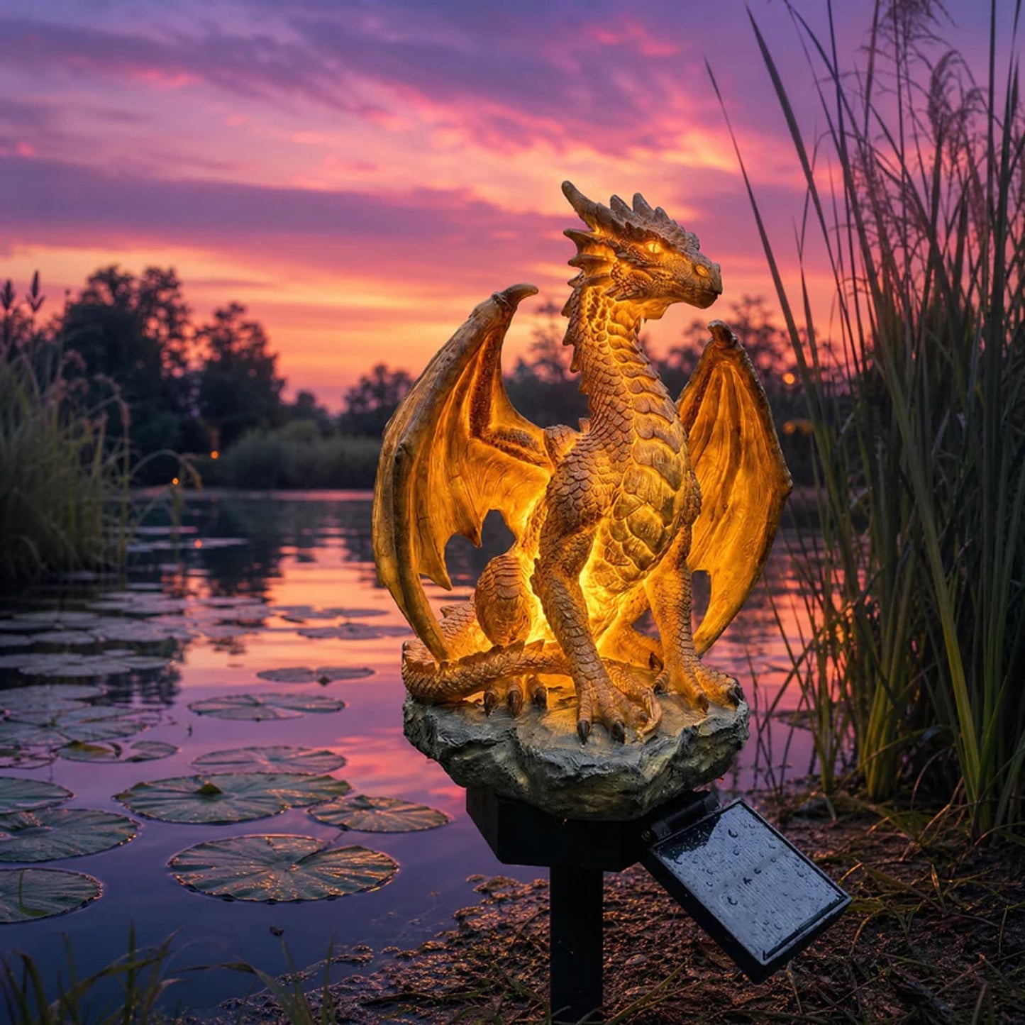 Solar Dragon Garden Statue Light – Golden Ember Edition