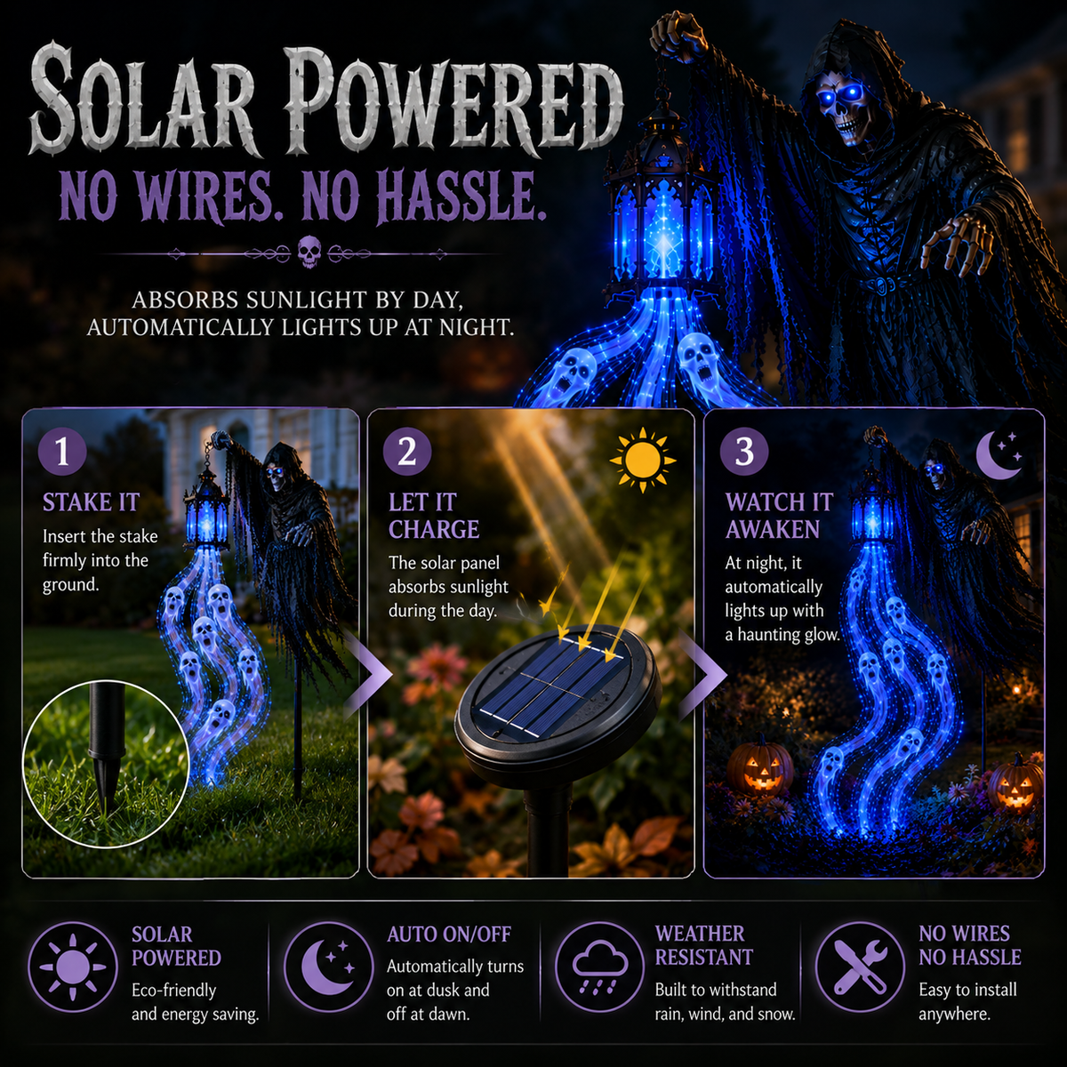 49% OFF 💀 HOT SALE | Solar Halloween Reaper Light – Animated Blue Soul Yard Decoration with Glowing Eyes & Lantern
