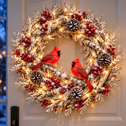 🔥 LAST DAY 49% OFF 🔥❤️ Official Snowy Birch Cardinal Wreath™ – Authentic Quality Lighted Christmas Door Wreath with Paired Red Cardinals, Berries & Pinecones ✨