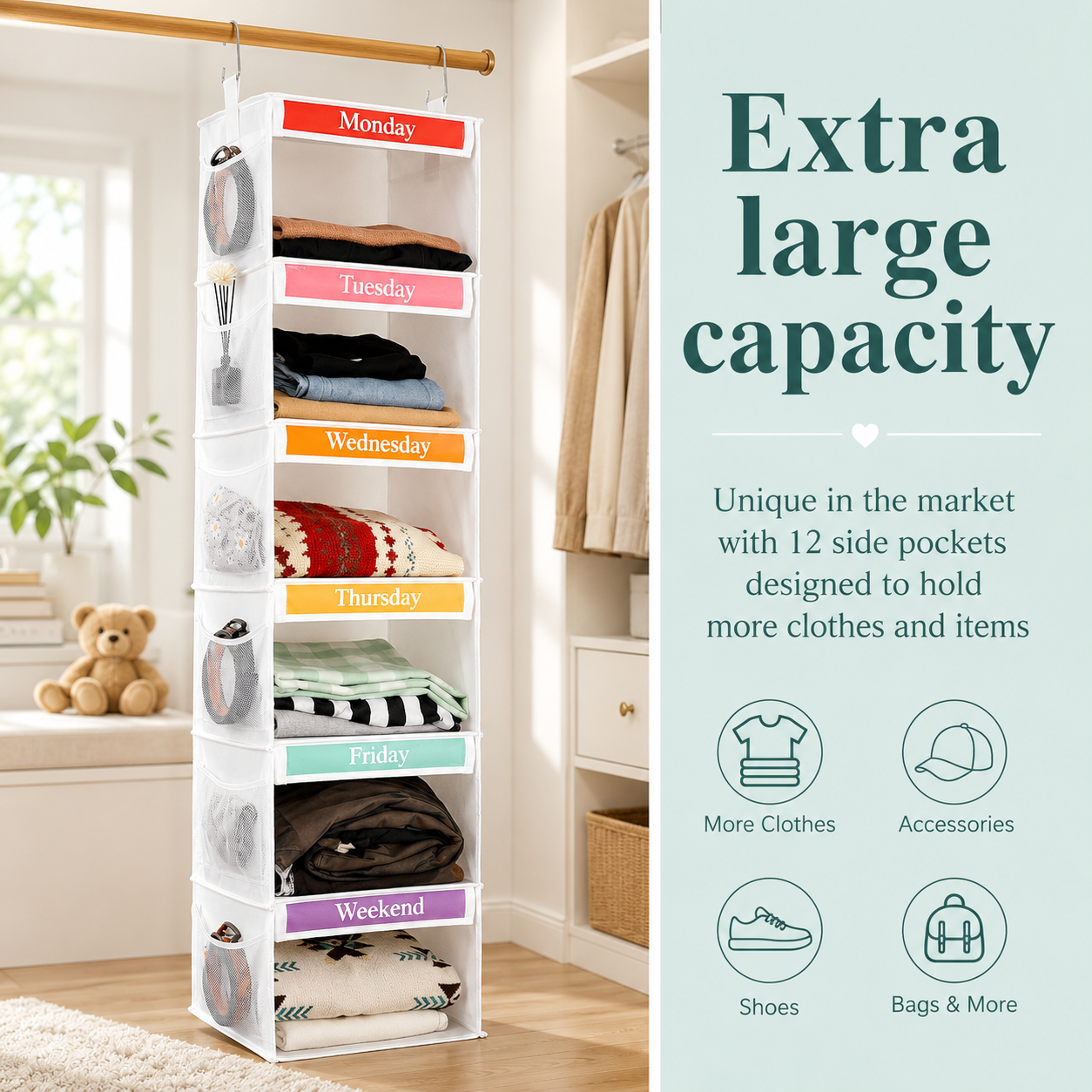 6 Shelf Weekly Clothes Organizer for Kids with Side Pocket