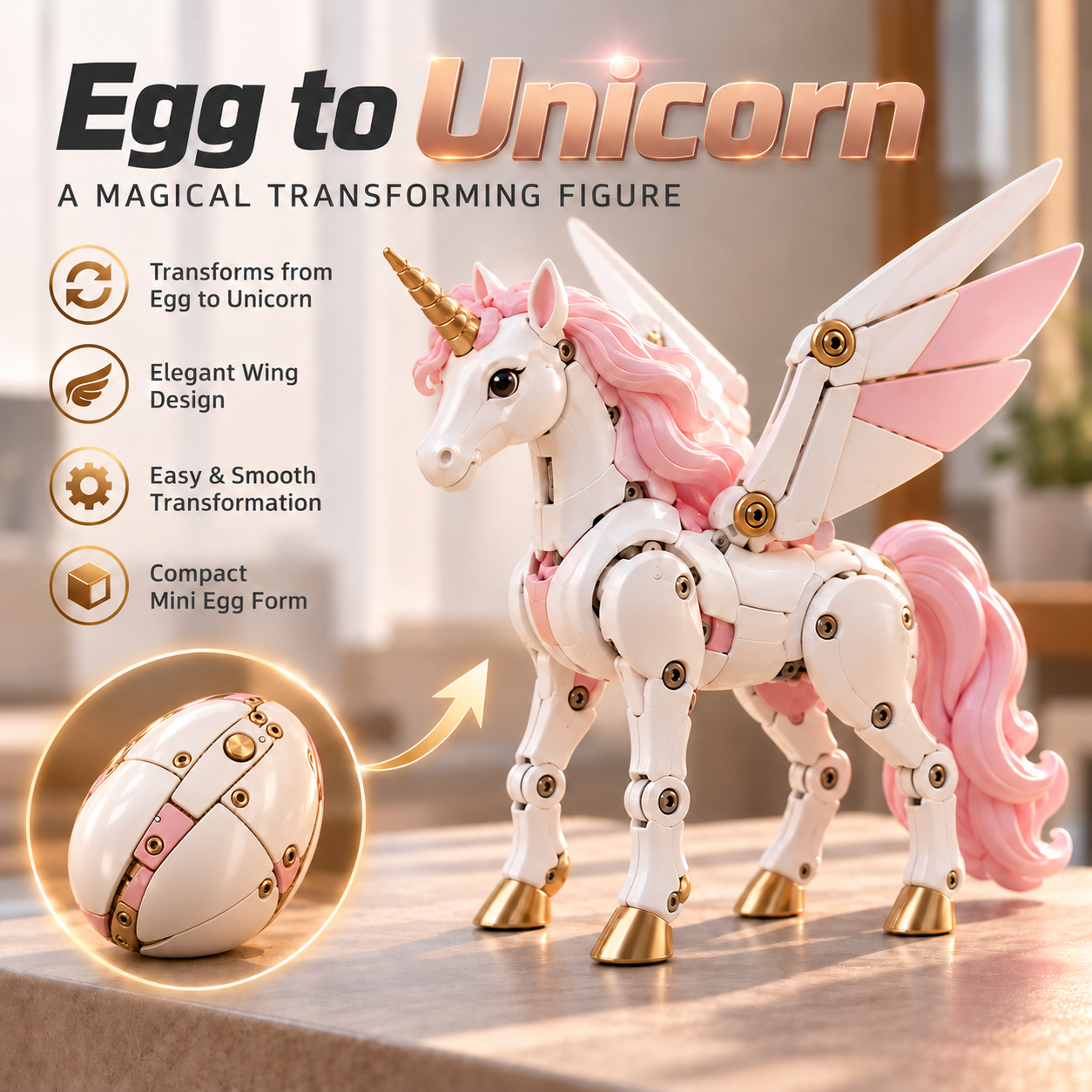 Pearl-white transforming mechanical unicorn egg shown beside its pink-maned winged unicorn configuration with gold-colored horn and hooves