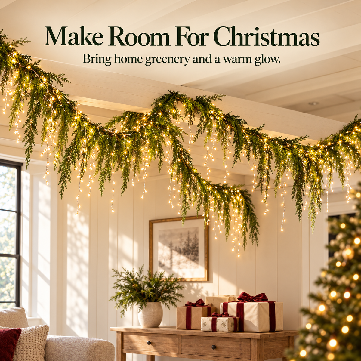 Evergreen garland and warm lights styled for Christmas