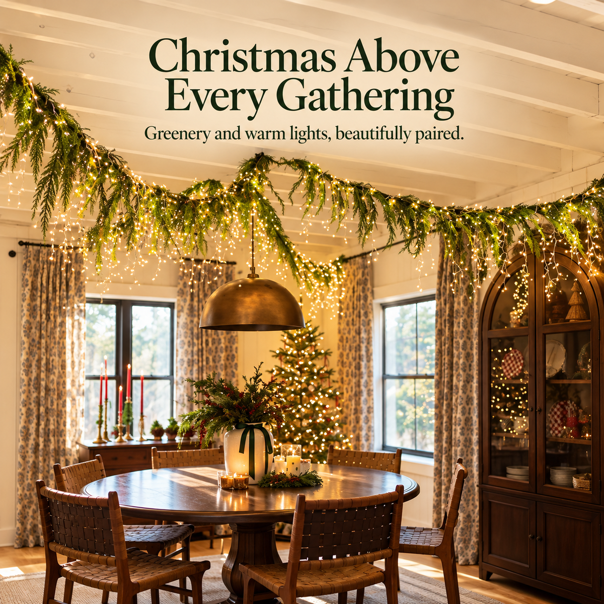 Christmas greenery garland paired with warm icicle string lights