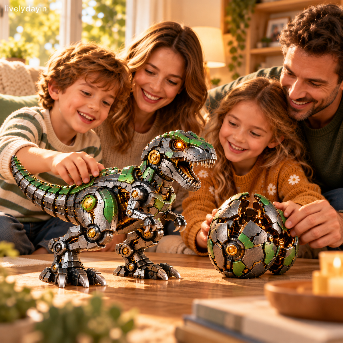 Mechanical dinosaur design shown in an imaginative adventure scene