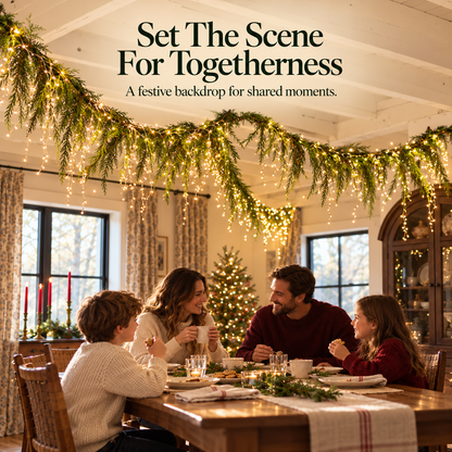 Family gathering beneath a glowing Christmas greenery garland