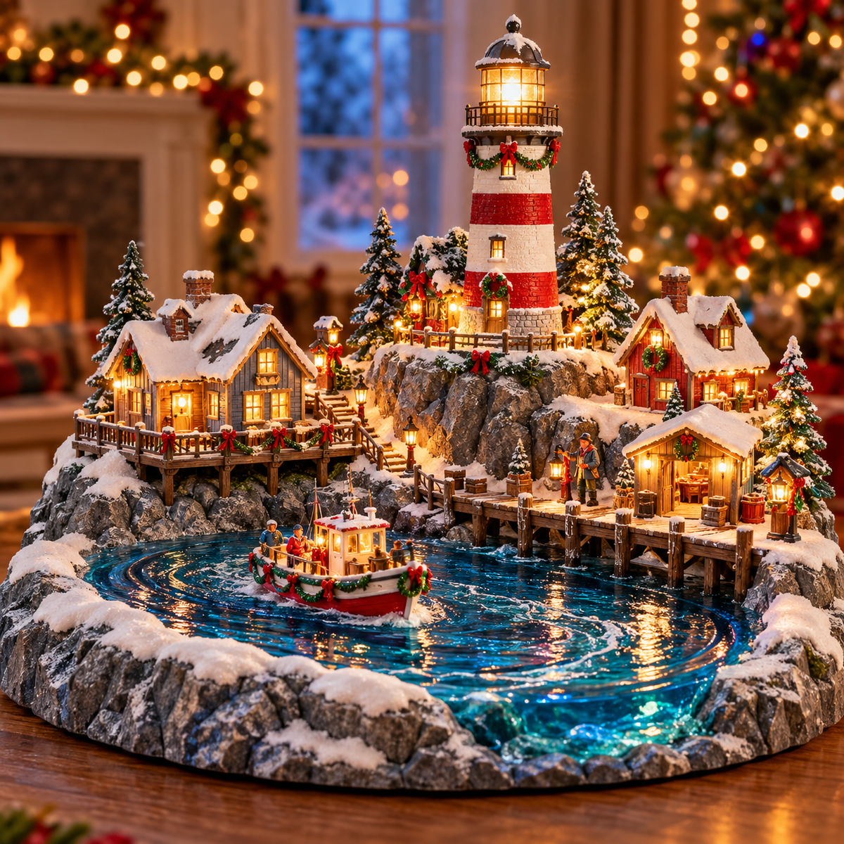 🎄⚓ Christmas Lighthouse Homecoming Village – Lighted Coastal Holiday Scene