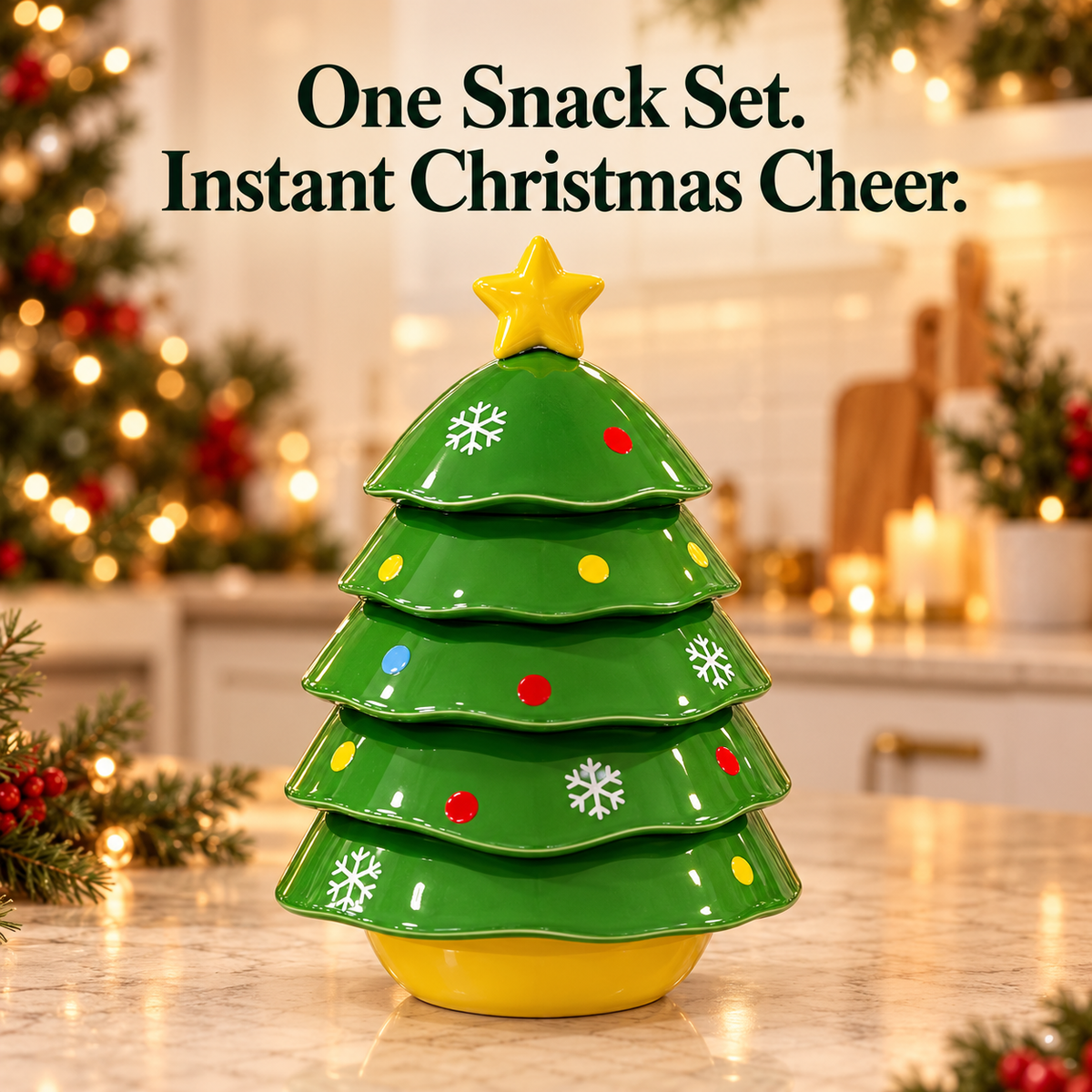 Green Christmas tree stackable serving bowl set with festive snowflake details