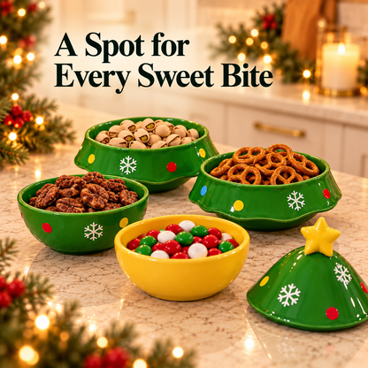 Festive serving bowls arranged for small holiday snacks