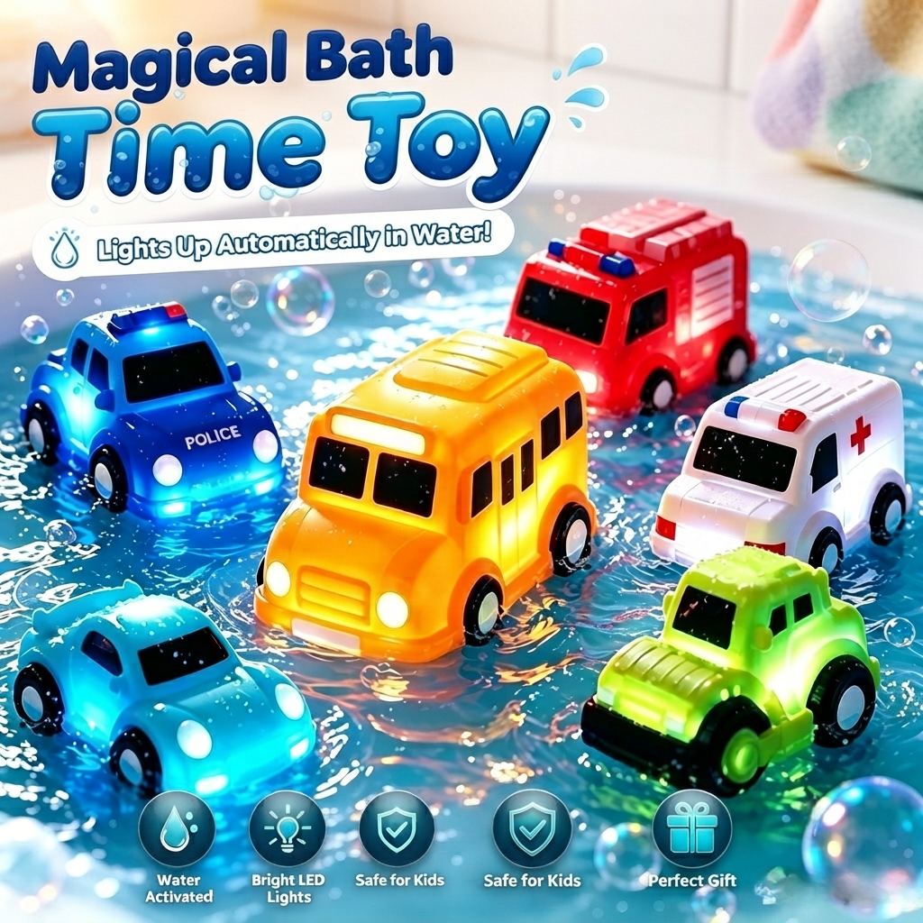 6-Pack Light-Up Bath Vehicles – Flashing Cars & Trucks for Toddler Tub Fun