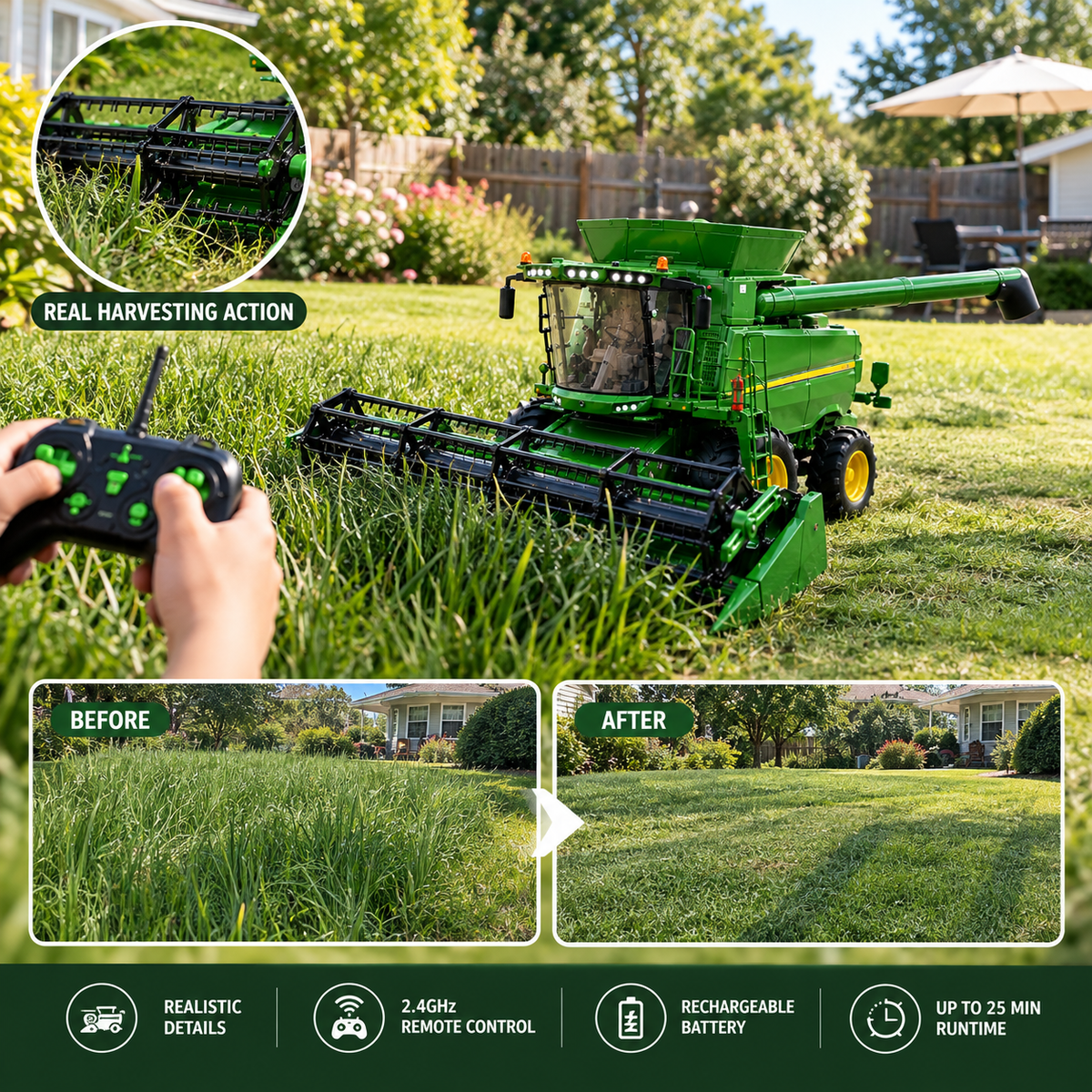 G80 Functional RC Combine Harvester – Real Grass Cutting Farm Machine with 2.4GHz Remote Control