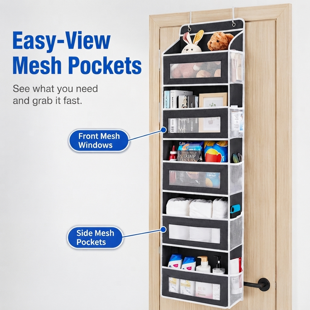 🚪 5-Tier Over Door Organizer – 5 Large Mesh Pockets, Anti-Tilt, 44 lb Capacity, Space Saver for Home