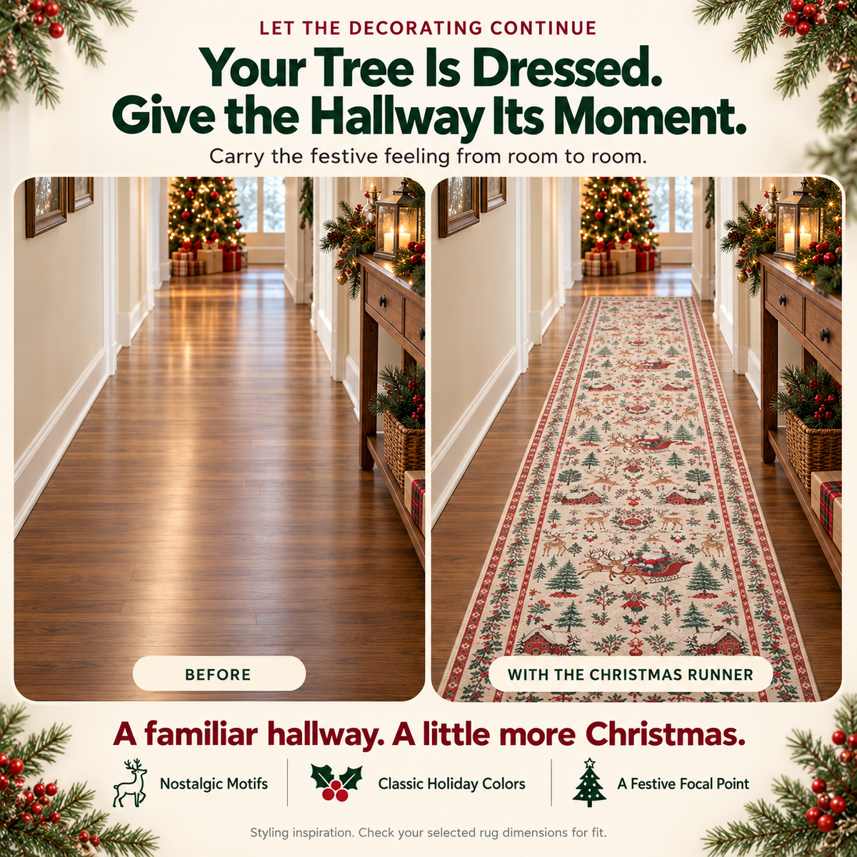 🔥LAST DAY 49% OFF -🎄 Vintage Christmas Runner Rug – Santa, Reindeer & Timeless Holiday Charm