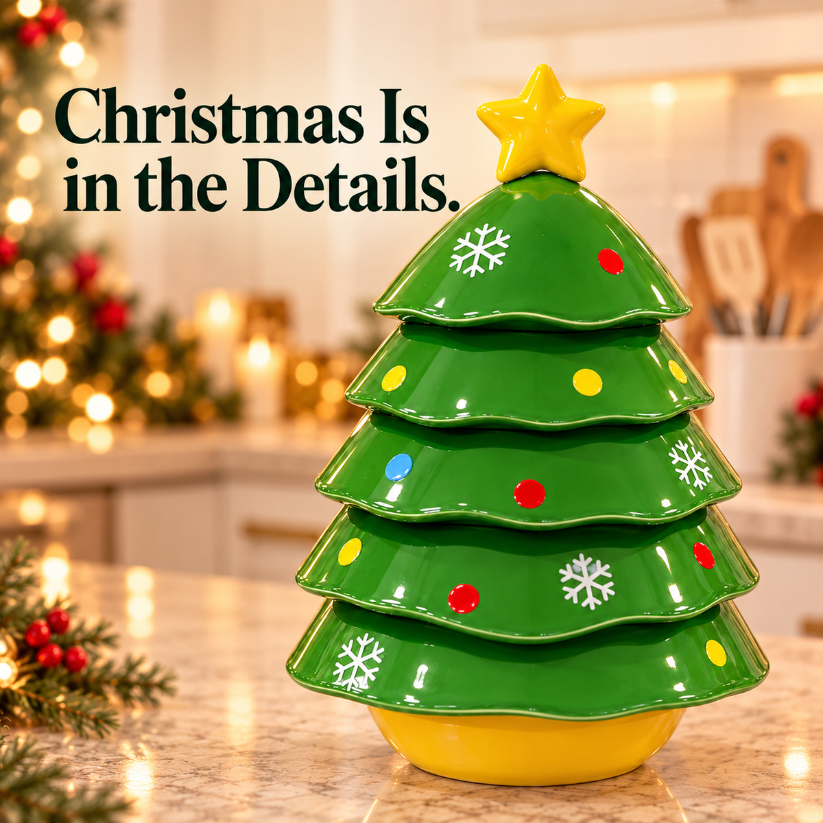 Close-up of the glossy Christmas tree stackable bowl set and snowflake pattern