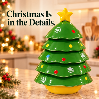 Close-up of the glossy Christmas tree stackable bowl set and snowflake pattern