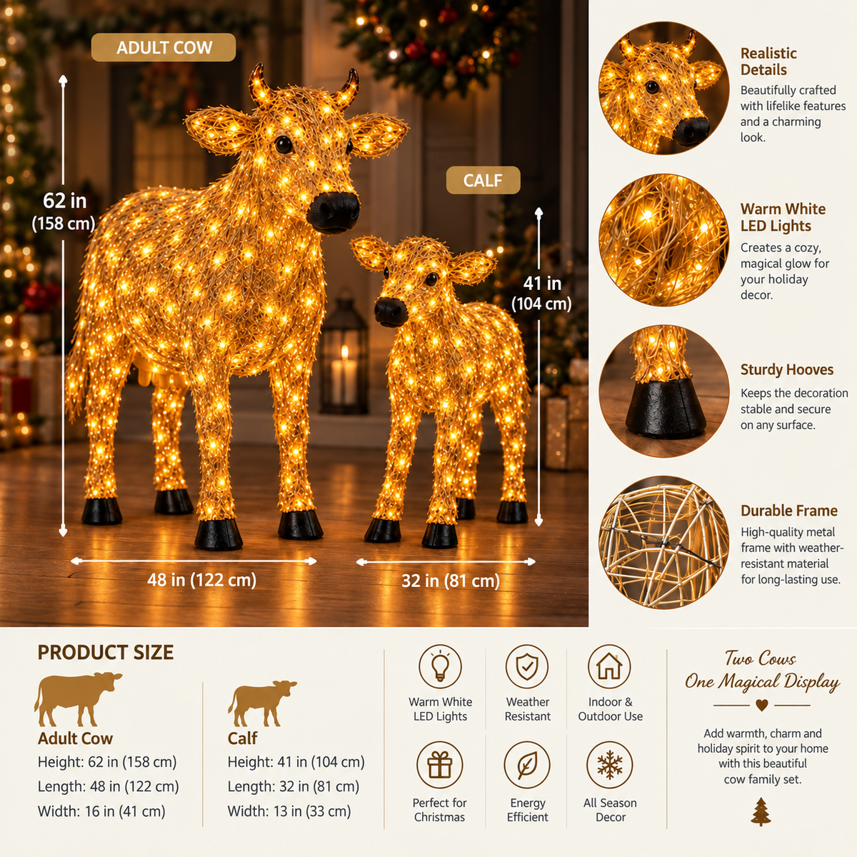 ✨🐄 Light-Up Christmas Cow & Calf Set – Warm White LED Holiday Display