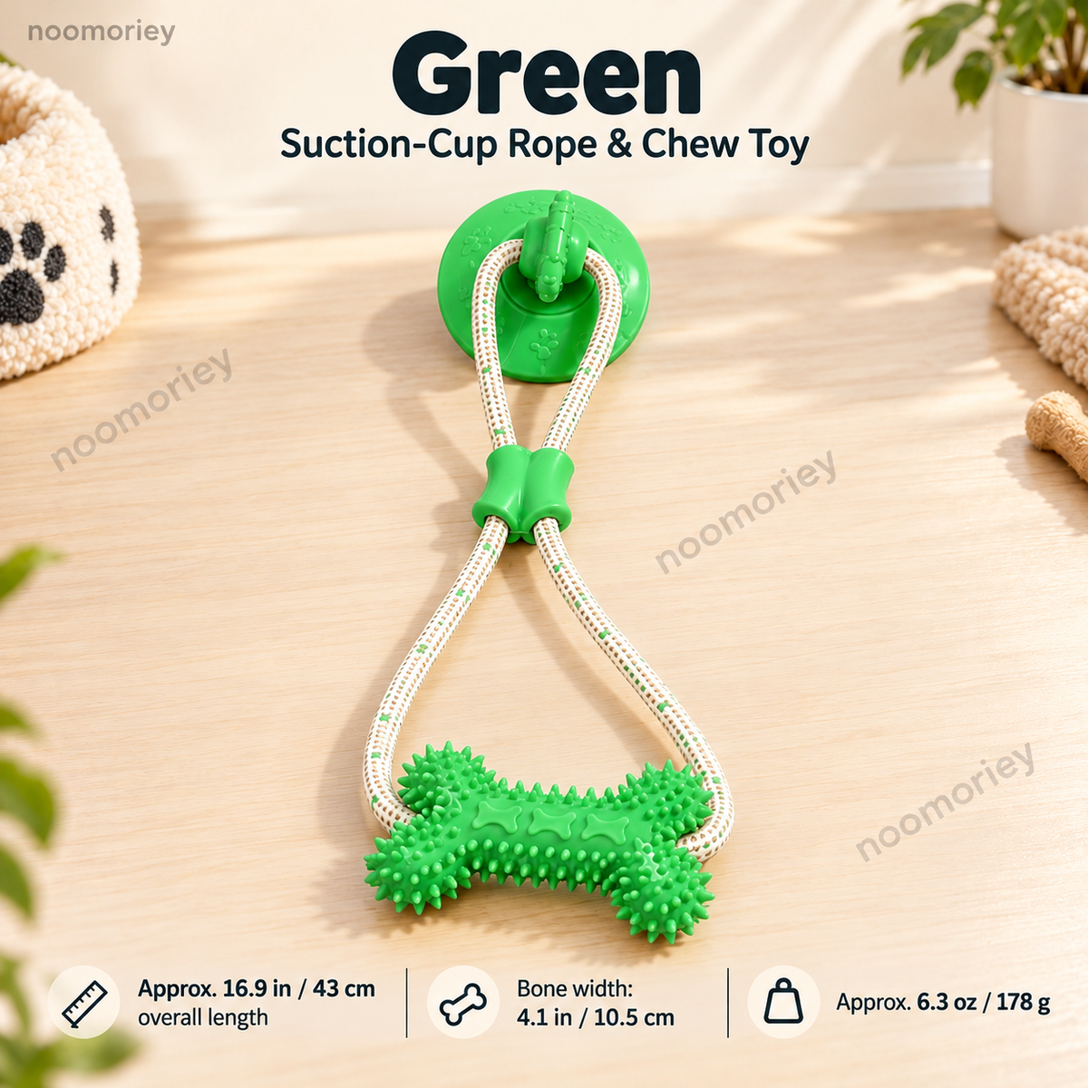 Green suction cup rope and textured bone dog toy