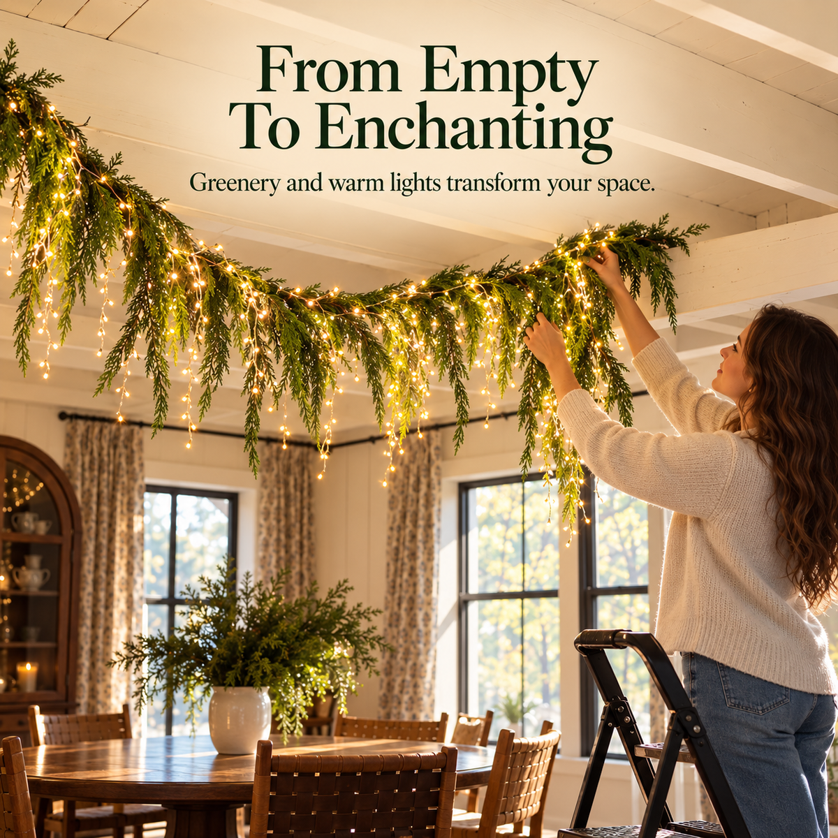 Greenery garland and warm lights transforming an indoor holiday space