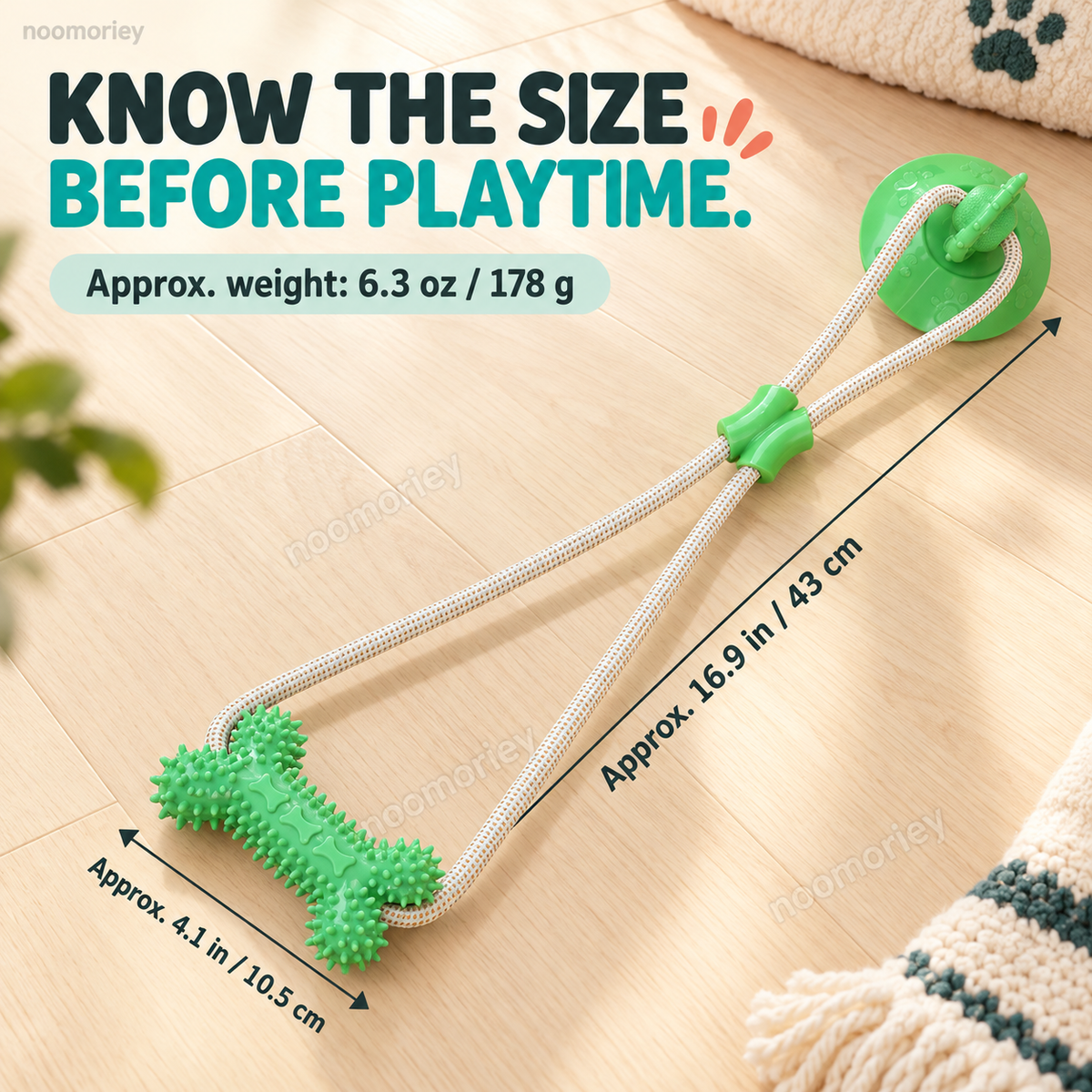 Size guide for the green suction cup rope chew toy