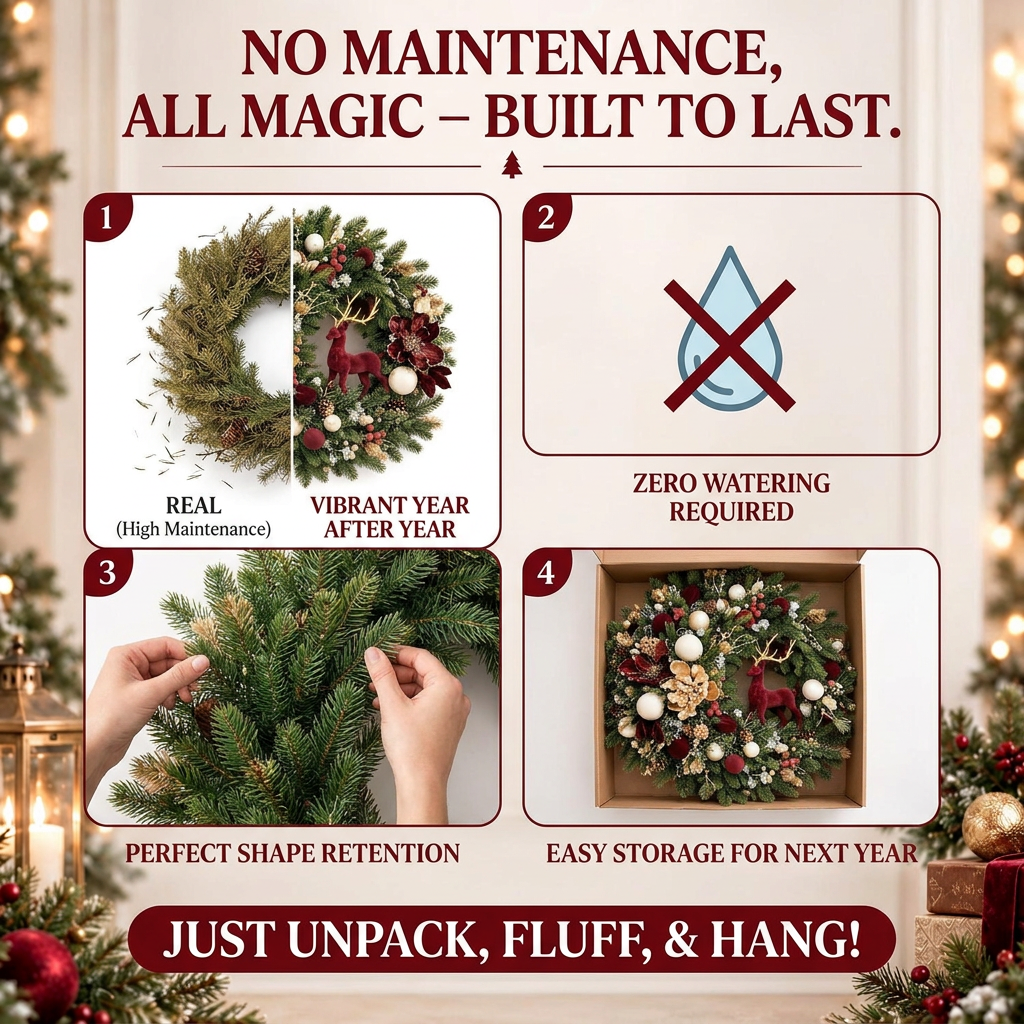 🦌🎄 Vintage Woodland Reindeer Christmas Wreath ✨ Burgundy & Gold Holiday Door Decor